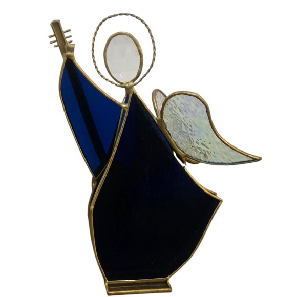 Vintage Stained Glass Angel Figurine AS IS Guitar Music Musician Blue Brown - Picture 3 of 16